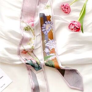 Floral Silk Skinny Scarf in Pink and Multicolor
